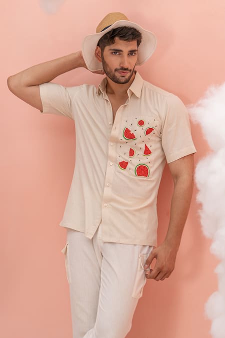 Runit Gupta Beige Linen Cotton Embroidery Watermelon Shirt 