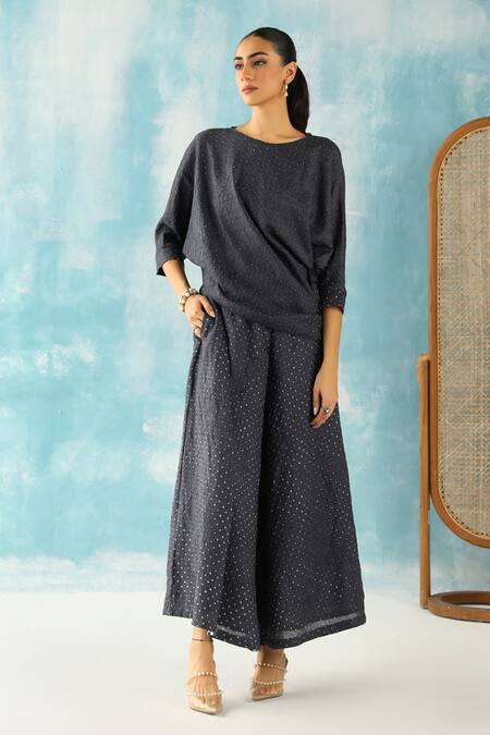 Twenty Nine Grey Silk Embroidery Boat Neck Asymmetric Cowl Top at Aza Fashions Twenty Nine_Grey Silk Embroidery Boat Neck Asymmetric Cowl Top _at_Aza_Fashions