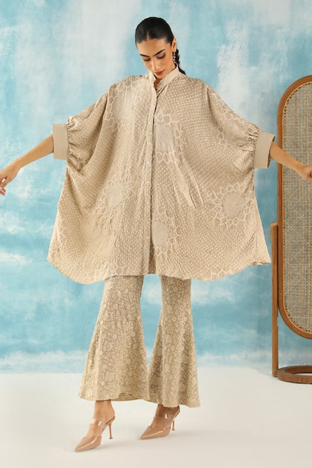Twenty Nine_Beige Silk Mandarin Collar Bandhani Woven Kaftan Tunic _at_Aza_Fashions