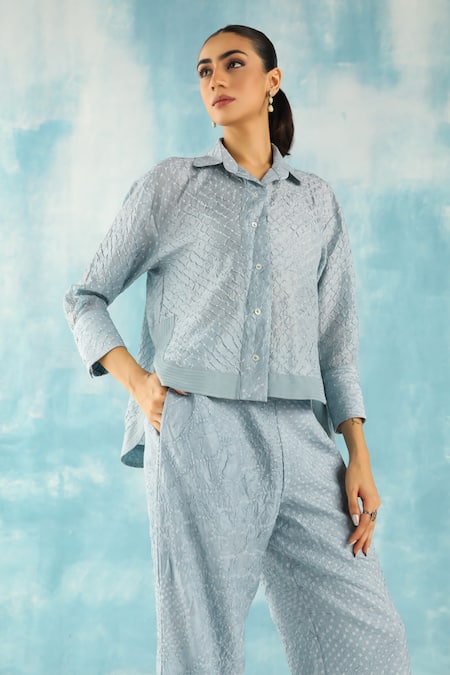 Twenty Nine Blue Silk Woven Raidaana Bandhani Collar Shirt 