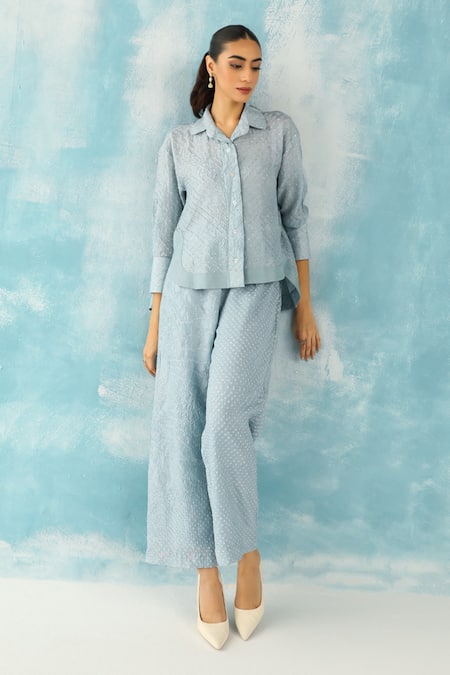 Shop Twenty Nine Blue Silk Embroidery Collared Raidaana Bandhani Woven Shirt Online at Aza Fashions Shop_Twenty Nine_Blue Silk Embroidery Collared Raidaana Bandhani Woven Shirt _Online_at_Aza_Fashions