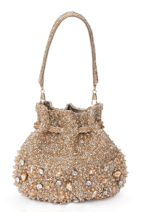 Beau Monde Gold Crystal And Bead Embellished Potli Bag 