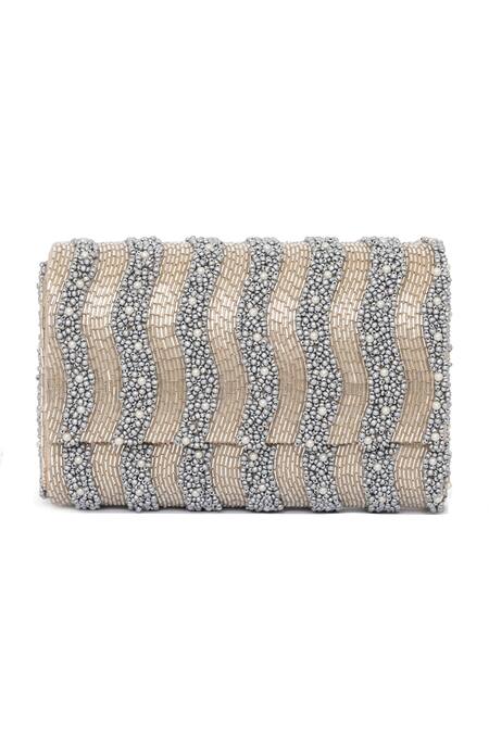 Beau Monde_Silver Bead And Crystal Embroidered Clutch _Online_at_Aza_Fashions