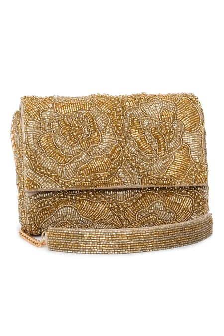 Beau Monde Gold Cutdana Floral Embroidered Clutch 