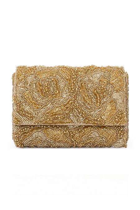 Beau Monde_Gold Cutdana Floral Embroidered Clutch _Online_at_Aza_Fashions