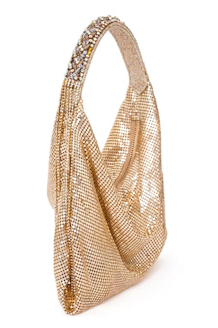 Beau Monde_Gold Metallic Mesh Prism Bag _Online_at_Aza_Fashions
