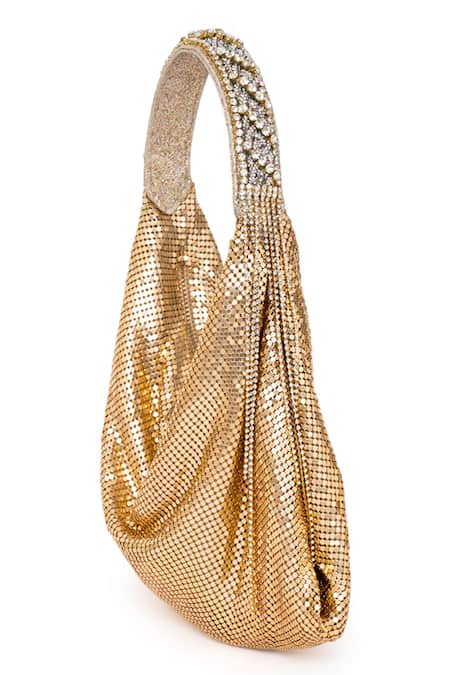 Shop_Beau Monde_Gold Metallic Mesh Prism Bag _Online_at_Aza_Fashions