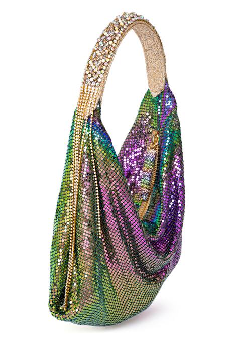 Beau Monde_Blue Chains Metallic Mesh Bag _Online_at_Aza_Fashions