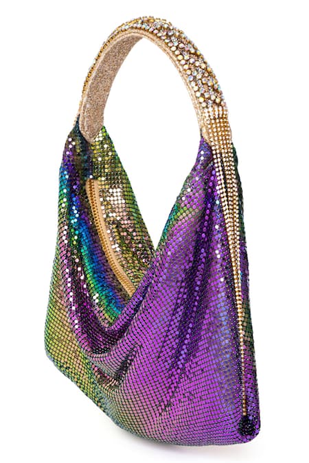 Buy_Beau Monde_Blue Chains Metallic Mesh Bag _Online_at_Aza_Fashions