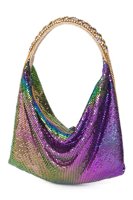 Shop_Beau Monde_Blue Chains Metallic Mesh Bag _Online_at_Aza_Fashions