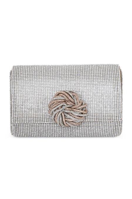 Beau Monde_Silver Rosette Embellished Clutch _Online_at_Aza_Fashions