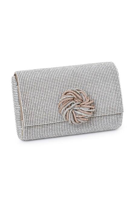 Buy_Beau Monde_Silver Rosette Embellished Clutch _Online_at_Aza_Fashions