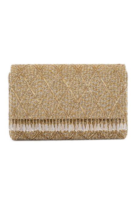 Beau Monde_Gold Droplets Geometric Tassel Embellished Clutch _Online_at_Aza_Fashions