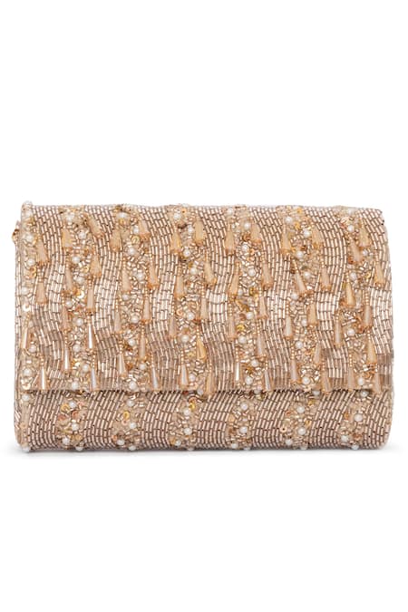 Beau Monde_Gold Pearl And Bead Embellished Clutch _Online_at_Aza_Fashions