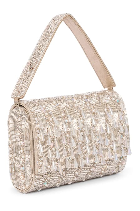Beau Monde_Silver Pearl Bead Embellished Clutch _Online_at_Aza_Fashions