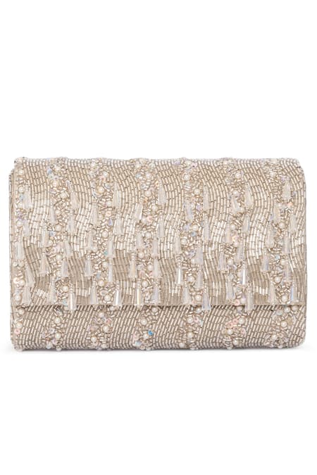 Buy_Beau Monde_Silver Pearl Bead Embellished Clutch _Online_at_Aza_Fashions