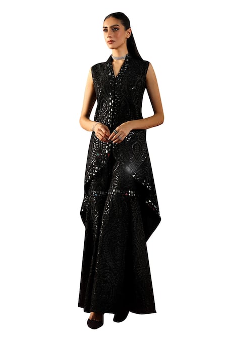 Twenty Nine Black Georgette Mirrors V-neck Hand Embroidered Asymmetric Jacket at Aza Fashions Twenty Nine_Black Georgette Mirrors V-neck Hand Embroidered Asymmetric Jacket _at_Aza_Fashions