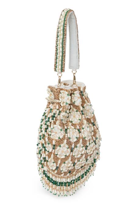 Beau Monde Gold Beads, Crystals, Pearls Tara Embroidered Potli Online at Aza Fashions Beau Monde_Gold Beads, Crystals, Pearls Tara Embroidered Potli _Online_at_Aza_Fashions