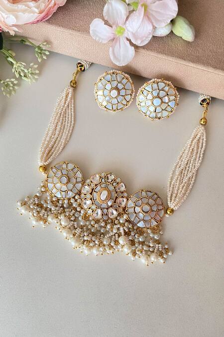 Shop Namasya White Pearls Mother Of Embellished Choker Set at Aza Fashions Shop_Namasya_White Pearls Mother Of Embellished Choker Set_at_Aza_Fashions