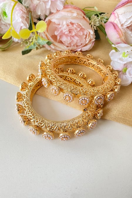 Namasya_Gold Plated Pearls Florin Embellished Bangles 2 Pcs _Online_at_Aza_Fashions