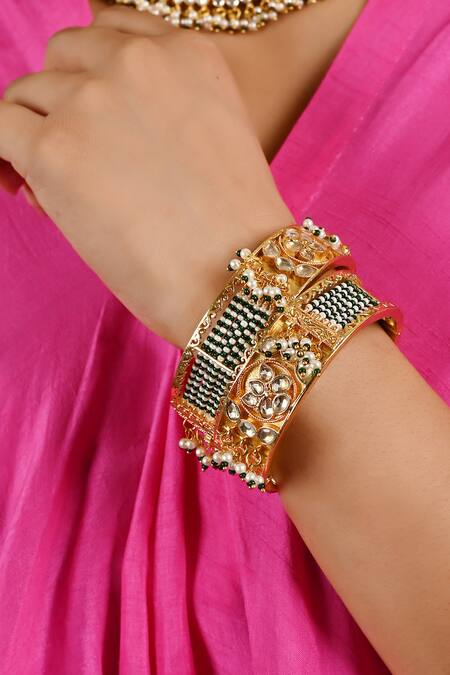 Namasya_Pink Pearls, Gota Patti And Kundan Embellished Bangles 2 Pcs _Online_at_Aza_Fashions