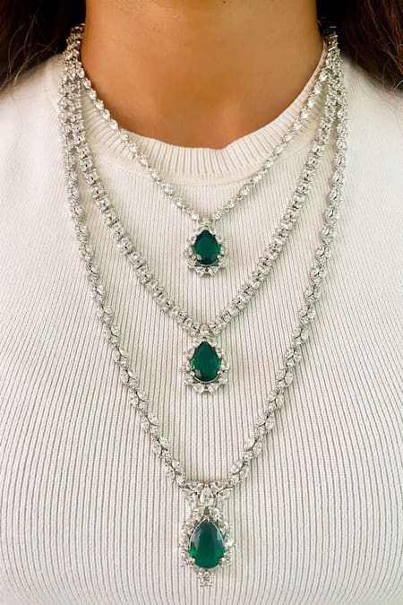 Prerto Layered Emerald Tear Drop Necklace Set 