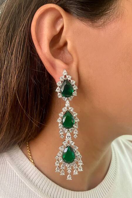 Shop PRERTO Emerald Green Diamonds, Stones Layered Tear Drop Necklace Set at Aza Fashions Shop_PRERTO_Emerald Green Diamonds, Stones Layered Tear Drop Necklace Set_at_Aza_Fashions