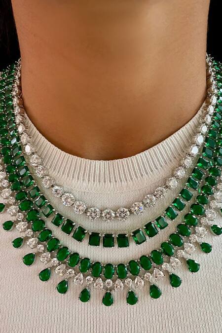 Buy_PRERTO_Green Diamonds, Layered And Circle Embellished Pendant_Online_at_Aza_Fashions