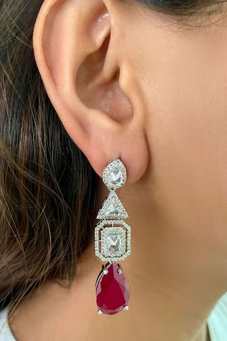 PRERTO Red Imitation Diamonds Layered Teardrop Stone Embellished Necklace Set  2