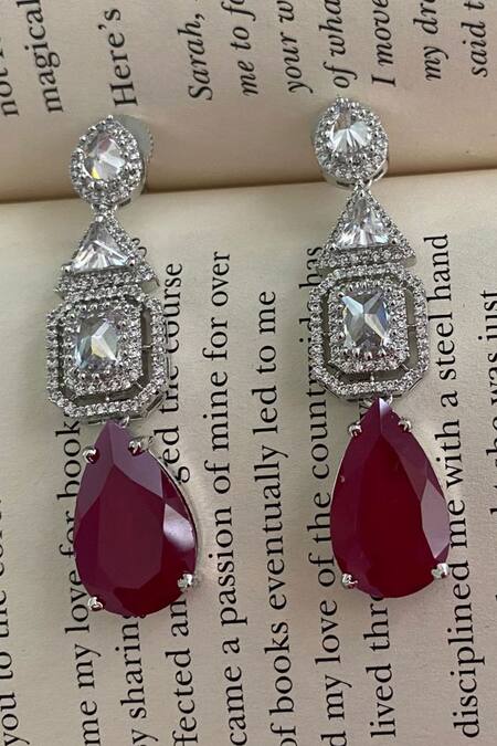 PRERTO Red Imitation Diamonds Layered Teardrop Stone Embellished Necklace Set  3