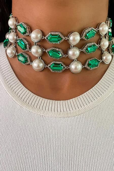 PRERTO_Green Four Layered And Hexagon Emerald Pearl Choker_Online_at_Aza_Fashions