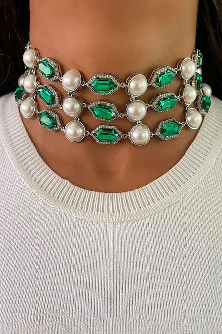 PRERTO_Green Stones, Pearls, Diamonds Hexagon Emerald Embellished Necklace Set_Online_at_Aza_Fashions