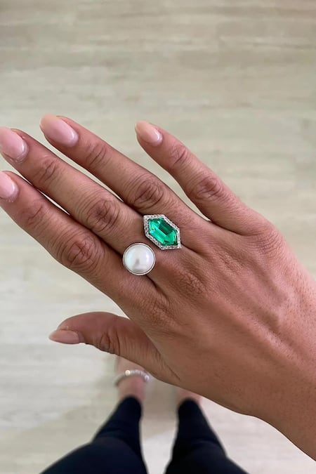 Shop_PRERTO_Green Stones, Pearls, Diamonds Hexagon Emerald Embellished Necklace Set_Online_at_Aza_Fashions