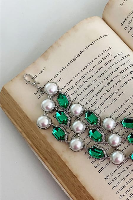 PRERTO_Green Stones, Pearls, Diamonds Hexagon Emerald Embellished Necklace Set_at_Aza_Fashions