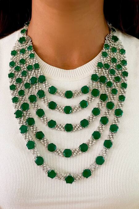 PRERTO Green Diamonds, Stones 5 Layered And Oval Choker Online at Aza Fashions PRERTO_Green Diamonds, Stones 5 Layered And Oval Choker_Online_at_Aza_Fashions
