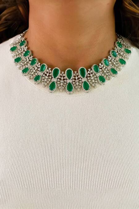 Shop PRERTO Green Diamonds, Stones 5 Layered And Oval Choker Online at Aza Fashions Shop_PRERTO_Green Diamonds, Stones 5 Layered And Oval Choker_Online_at_Aza_Fashions