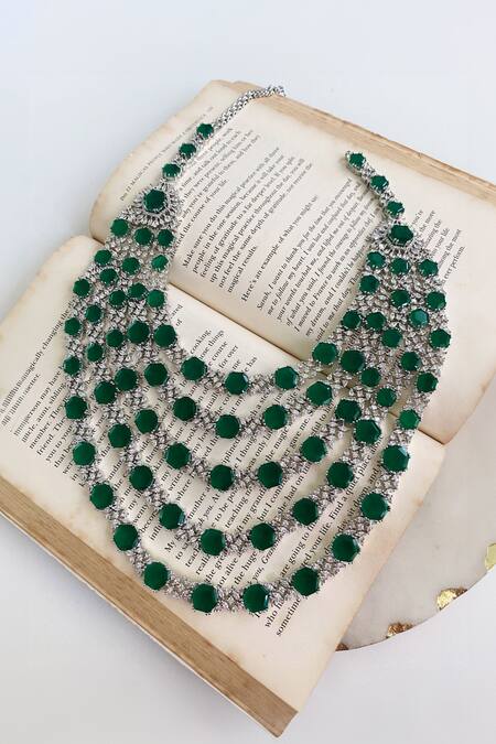 PRERTO_Green Diamonds, Stones Hexagon Emerald And Embellished Necklace Set_Online_at_Aza_Fashions
