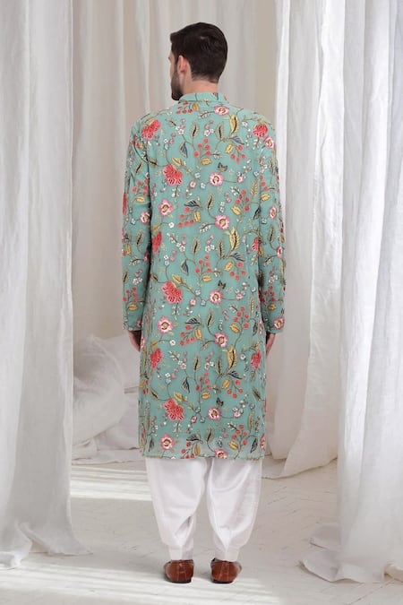 Shop Aham-Vayam Green Cotton Embroidery Push Vihar Kurta Patiala Set at Aza Fashions Shop_Aham-Vayam_Green Cotton Embroidery Push Vihar Kurta Patiala Set_at_Aza_Fashions