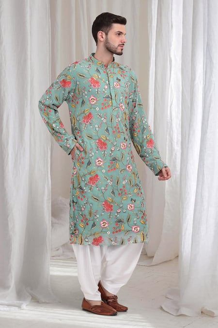 Shop Aham-Vayam Green Cotton Embroidery Push Vihar Kurta Patiala Set Online at Aza Fashions Shop_Aham-Vayam_Green Cotton Embroidery Push Vihar Kurta Patiala Set_Online_at_Aza_Fashions