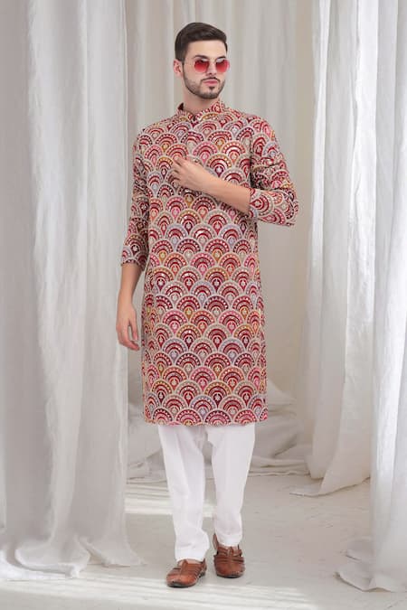 Aham-Vayam Red Cotton Embroidered Scallop Floral Chandravali Kurta With Pant 