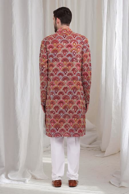 Shop Aham-Vayam Red Cotton Embroidery Chandravali Kurta With Pant at Aza Fashions Shop_Aham-Vayam_Red Cotton Embroidery Chandravali Kurta With Pant _at_Aza_Fashions