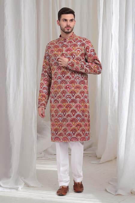 Buy Aham-Vayam Red Cotton Embroidery Chandravali Kurta With Pant Online at Aza Fashions Buy_Aham-Vayam_Red Cotton Embroidery Chandravali Kurta With Pant _Online_at_Aza_Fashions