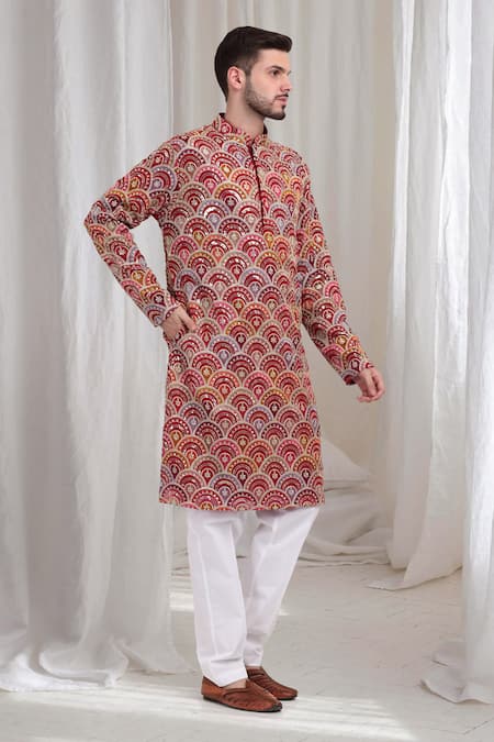 Shop Aham-Vayam Red Cotton Embroidery Chandravali Kurta With Pant Online at Aza Fashions Shop_Aham-Vayam_Red Cotton Embroidery Chandravali Kurta With Pant _Online_at_Aza_Fashions