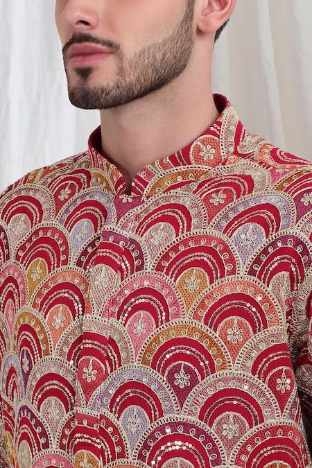 Aham-Vayam Red Cotton Embroidery Chandravali Kurta With Pant at Aza Fashions Aham-Vayam_Red Cotton Embroidery Chandravali Kurta With Pant _at_Aza_Fashions