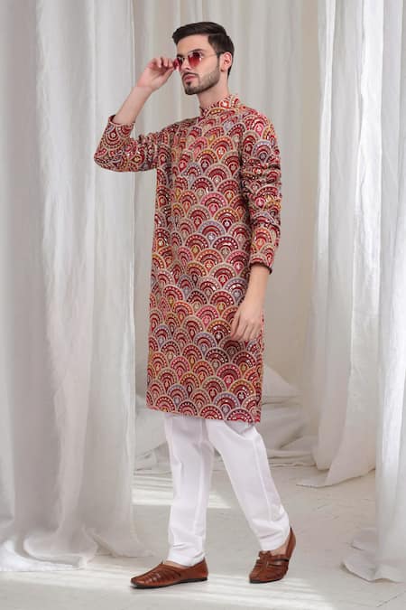 Buy Aham-Vayam Red Cotton Embroidery Chandravali Kurta With Pant Buy_Aham-Vayam_Red Cotton Embroidery Chandravali Kurta With Pant