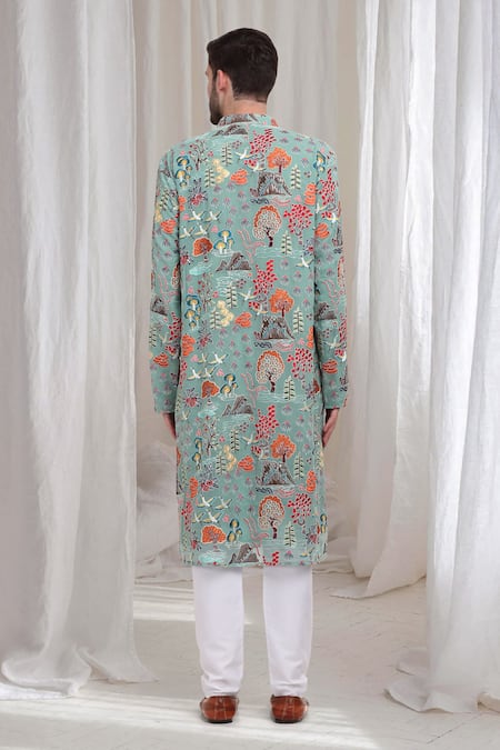Shop Aham-Vayam Green Cotton Embroidery Pushp Mrig Kurta Churidar Set at Aza Fashions Shop_Aham-Vayam_Green Cotton Embroidery Pushp Mrig Kurta Churidar Set _at_Aza_Fashions