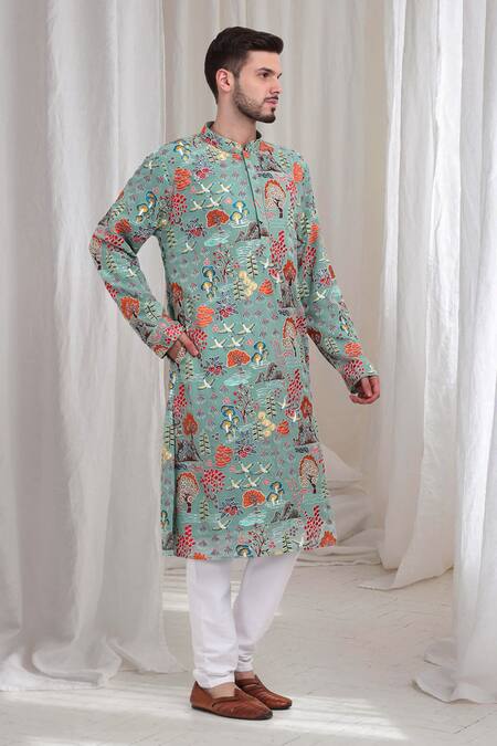 Buy Aham-Vayam Green Cotton Embroidery Pushp Mrig Kurta Churidar Set Online at Aza Fashions Buy_Aham-Vayam_Green Cotton Embroidery Pushp Mrig Kurta Churidar Set _Online_at_Aza_Fashions