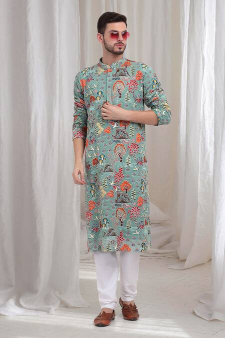 Shop Aham-Vayam Green Cotton Embroidery Pushp Mrig Kurta Churidar Set Online at Aza Fashions Shop_Aham-Vayam_Green Cotton Embroidery Pushp Mrig Kurta Churidar Set _Online_at_Aza_Fashions