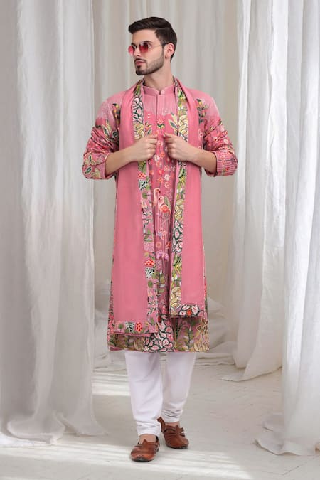 Aham-Vayam Pink Cotton Embroidered Abstract Varnika Kurta Churidar Set 