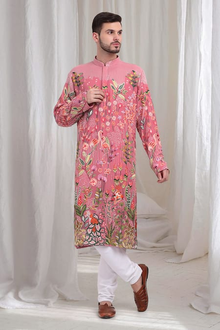 Buy_Aham-Vayam_Pink Cotton Embroidery Varnika Kurta Churidar Set _Online_at_Aza_Fashions